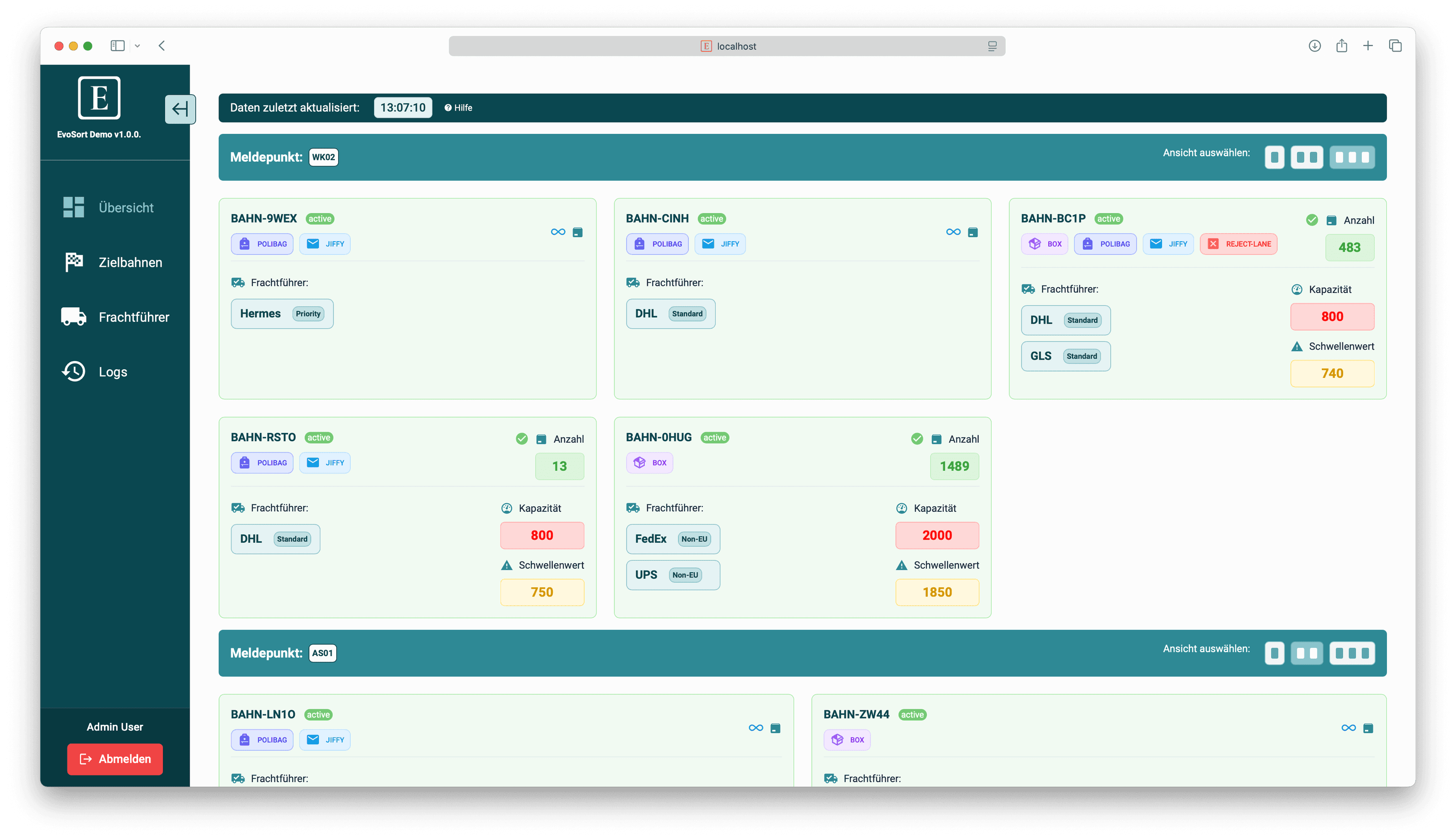 EvoSort Dashboard für Sortierung und Fulfillment