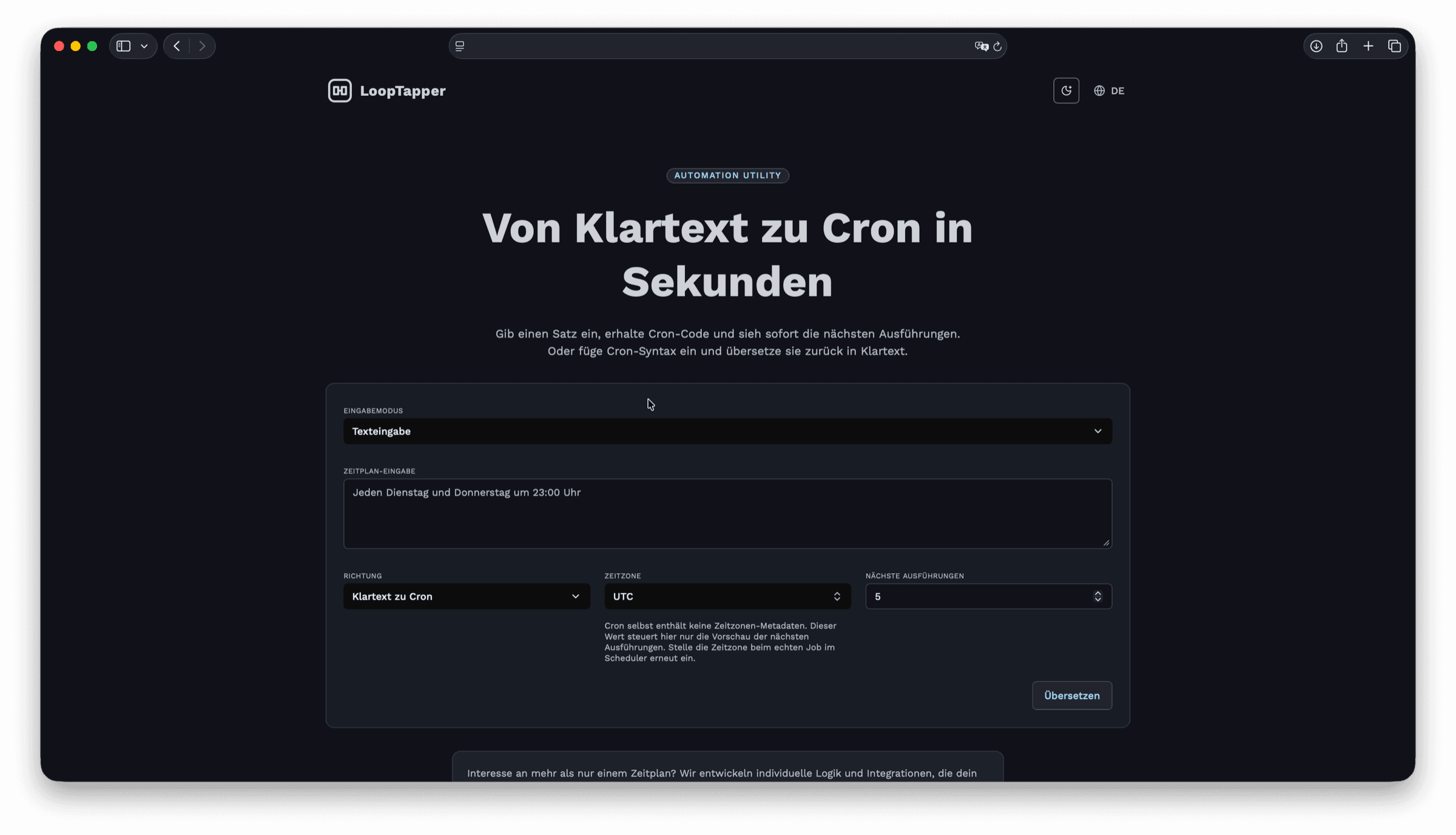 LoopTapper Oberfläche zur Übersetzung von Cron-Ausdrücken