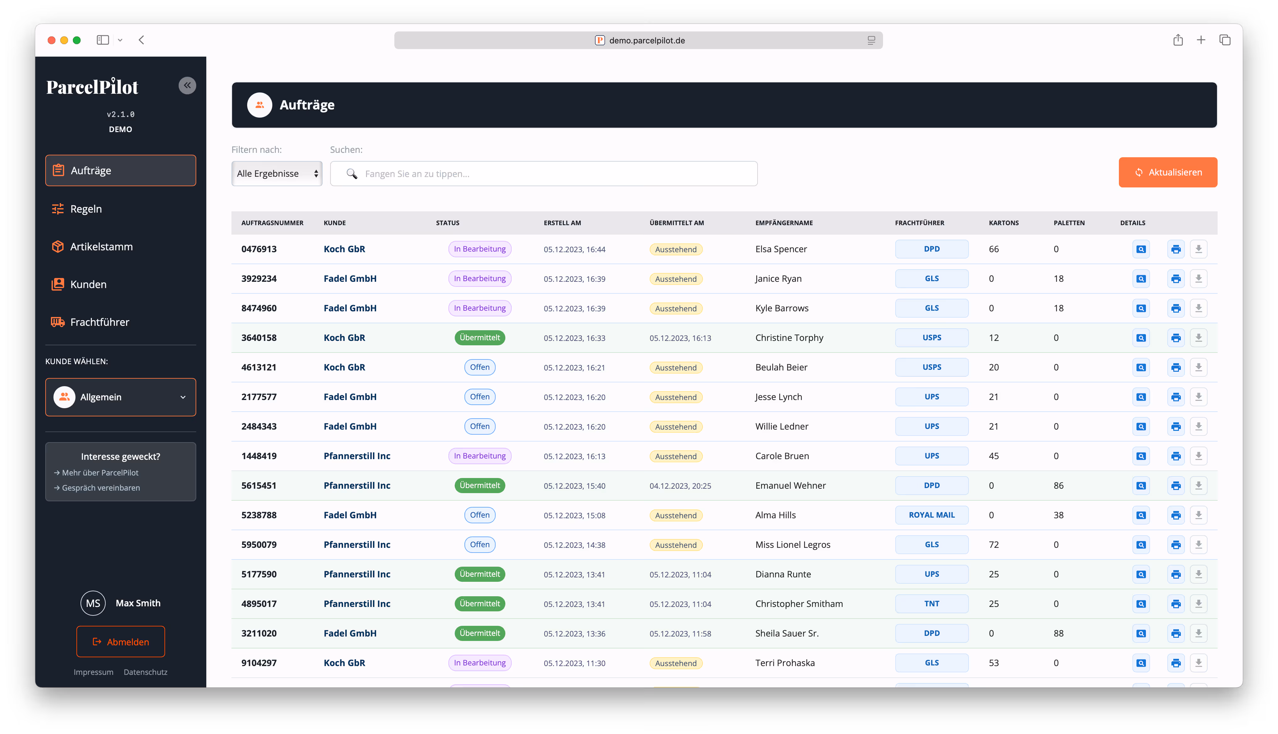 ParcelPilot Oberfläche für Auftragsverarbeitung