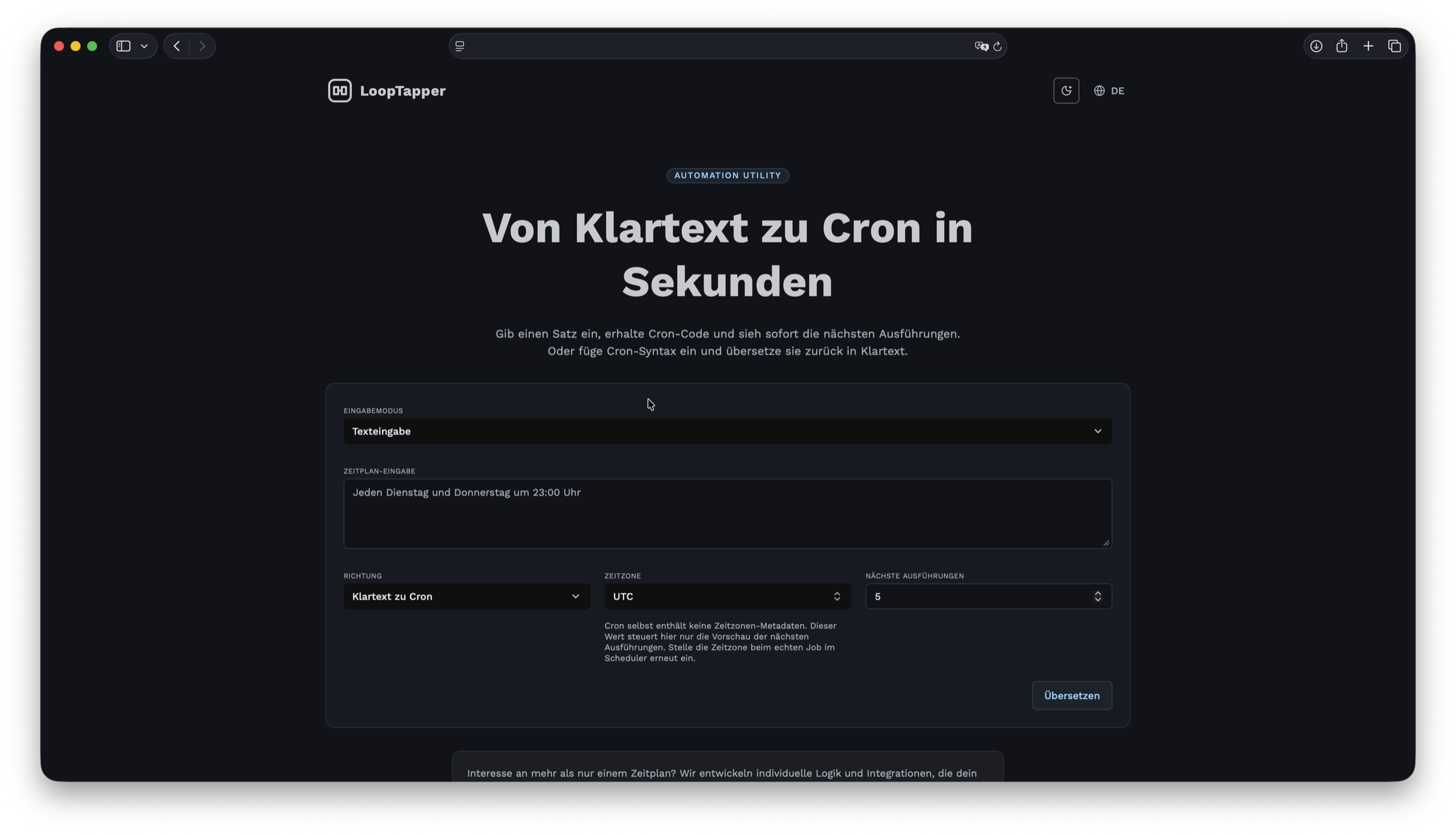 LoopTapper Oberfläche zur Übersetzung von Cron-Ausdrücken